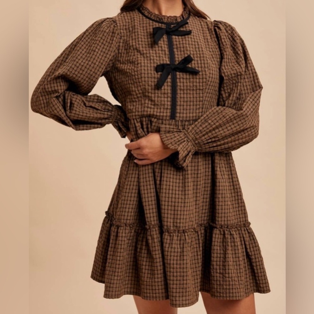 In Loom Brown Plaid Mini Puff Sleeve Dress size S NWT
